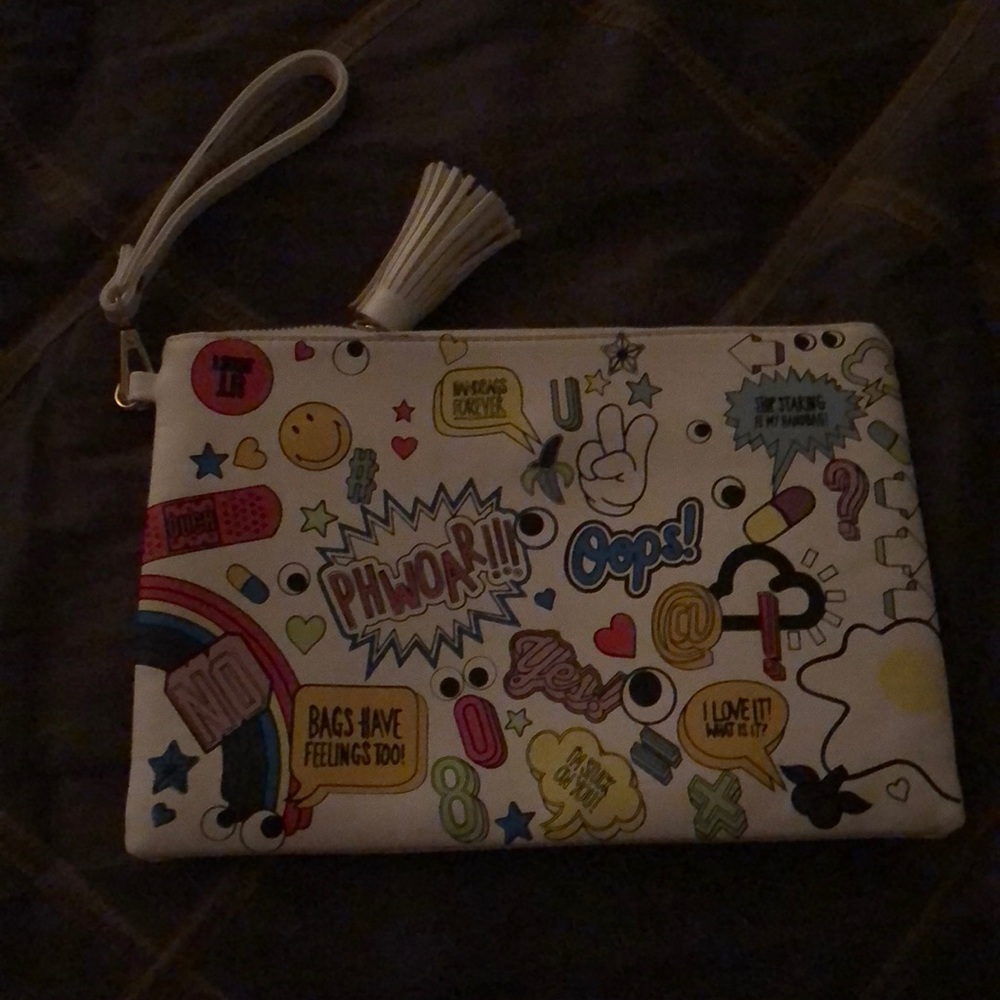 White leather graffiti clutch